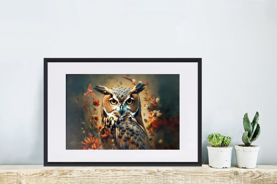 Cadre photo avec affiche - Hibou - Vogel - Fleurs - Plantes - Botanique - 60x40 cm - Cadre pour affiche
