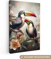 Canvas Schilderij Toekan - Vogels - Bloemen - Jungle - 40x60 cm - Wanddecoratie