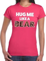 Hug me like a bear tekst t-shirt roze dames S