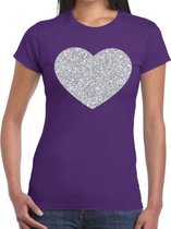 Zilveren hart glitter t-shirt paars dames S