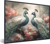 Fotolijst incl. Poster - Pauwen - Pauwenveren - Vogels - Bloemen - Natuur - 80x60 cm - Posterlijst