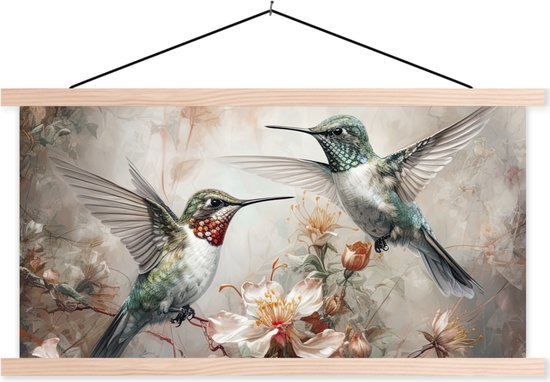Posterhanger incl. Poster - Schoolplaat - Kolibrie - Vogels - Bloemen - Planten - 150x75 cm - Blanke latten