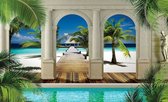 Fotobehang - Vlies Behang - Tropisch Uitzicht op de Palmbomen, Zee en het Strand door de Pilaren - 3D - 368 x 254 cm