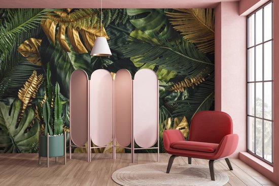 Photo Wallpaper King - Papier peint Papier peint photo - Papier peint - Jungle - Amazone - Or - Feuilles dorées - Botanique - Luxe - 368 x 254 cm - Papier peint non tissé peint intissé
