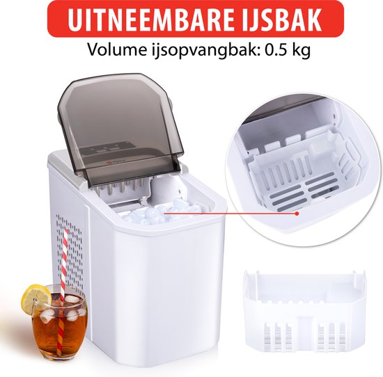 alpina Ijsblokjesmachine - Ijsblokmaker - 2 Formaten Ijsblokken - Productie in 10-12 Minuten - Transparante Deksel - Wit — afbeelding 4
