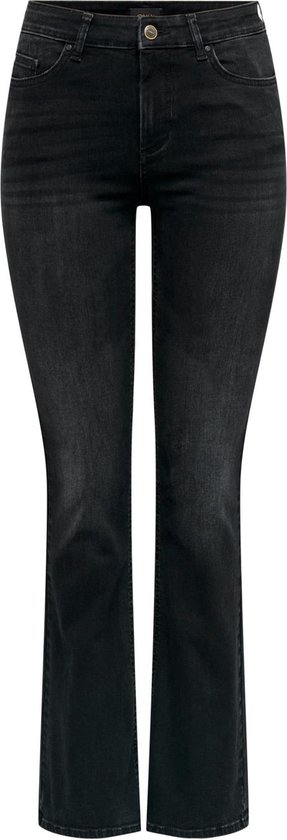 Zwarte flared jeans op witte achtergrond.