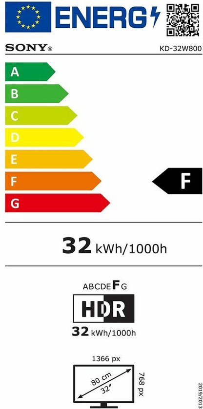 Energie-etiket van een Sony KD-32W800 TV, met energieklasse F.