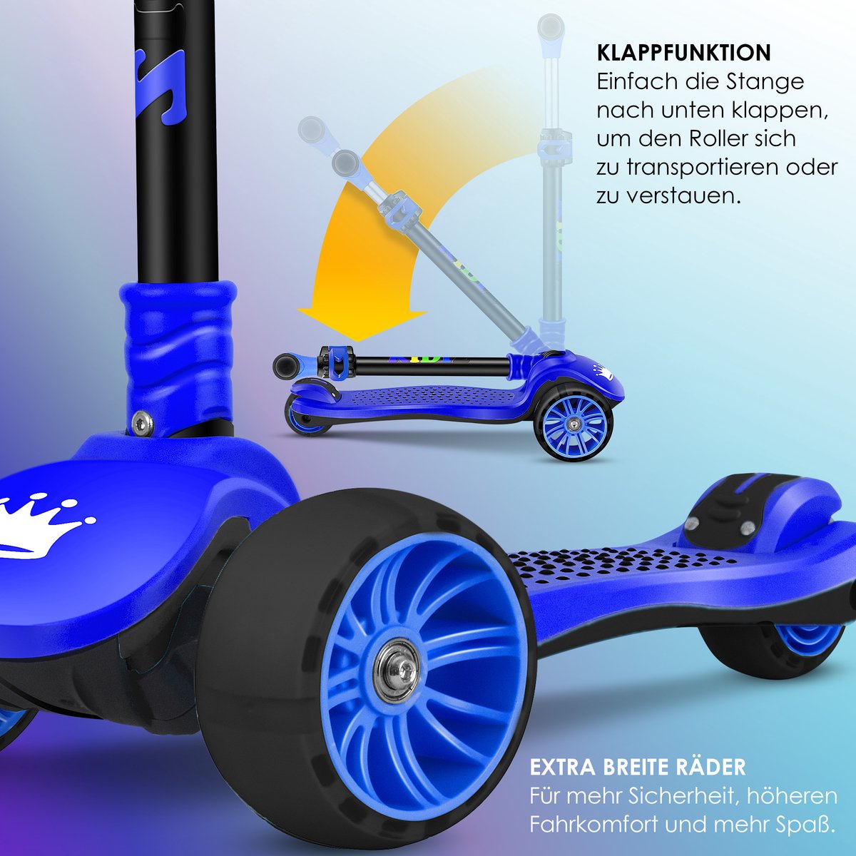 KIDIZ® Kinderstep - 3 wielen Step - Scooter - Kinderscooter X-Pro2 met PU LED oplichtende wielen Opvouwbaar pedaal Kinderstepjes in hoogte verstelbare City Scooter voor jongens en meisjes 3-12 jaar - Zwart / Blauw
