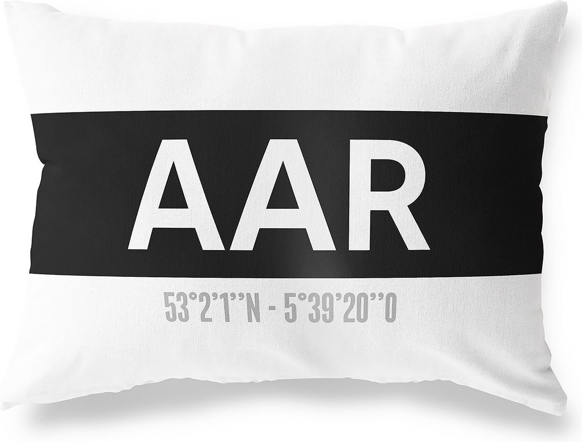 Tuinkussen AAR - ZUID-HOLLAND met coördinaten - Buitenkussen - Bootkussen - Weerbestendig - Jouw Plaats - Studio216 - Modern - Zwart-Wit - 50x30cm