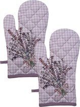 HAES DECO - Set van 2 Ovenwanten - formaat 18x30 cm - kleuren Paars / Wit - van 100% Katoen - Collectie: Lavender Garden - Ovenhandschoenen