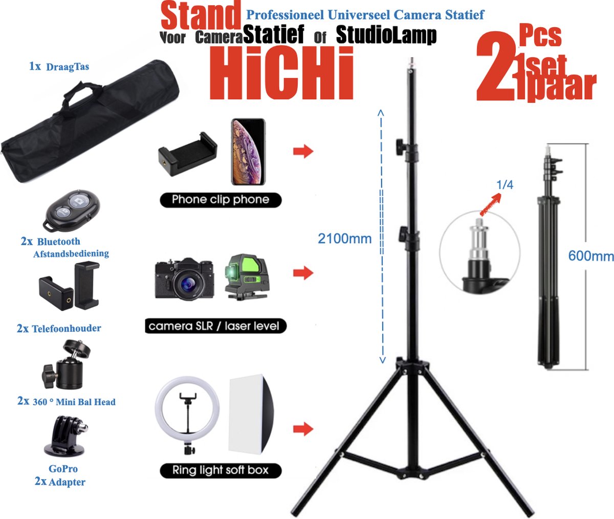 HiCHiCO® VCT-210 Lichtstandaards Met Draagtas - instelbare 65-210 cm Duty ondersteuningsstandaard voor Fotostudio softbox, Studioscherm, Flitslicht, Reflector, Camera en andere apparatuur - Camerastatief - Lightstand - Studiolampen (--=[[2 stuks)