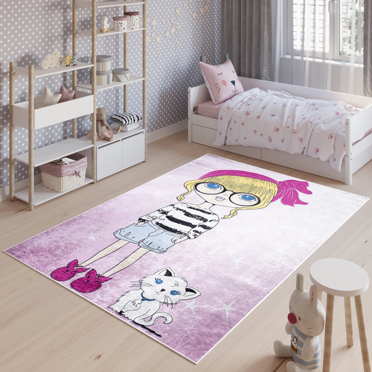 Tapiso Emma Vloerkleed Kindertapijt Kinderkamer Baby Kinderen Roze Tapijt Maat- 120x170 Roze Geel