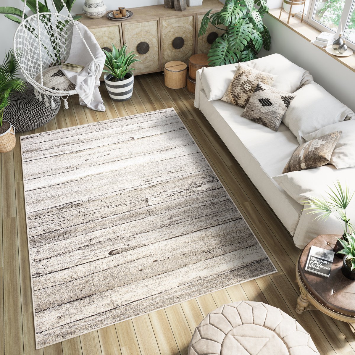Tapiso Petra Vloerkleed Houten Kleed Woonkamer Tapijt Maat- 160x220 Lichtbeige 2