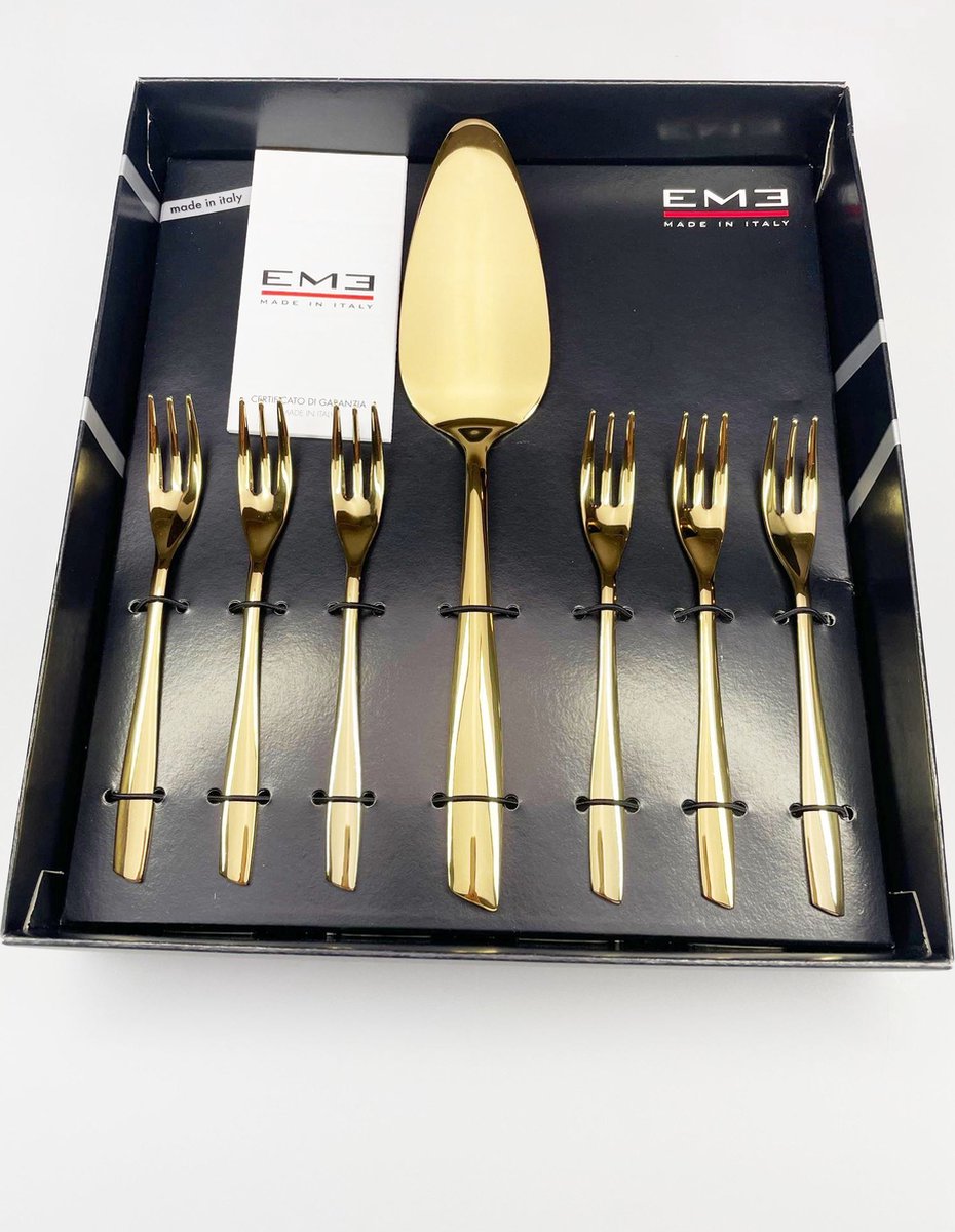 EME gebakvorkjes set met Taartschep Goud (7-delig) 6 vorkjes en taartschep - vaatwasser bestendig - Goud hoogwaardig