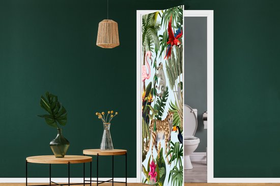 Sticker pour porte Jungle - Animaux - Filles - Enfants - Garçons - Flamingo - Perroquet - 85x215 cm - Poster de porte