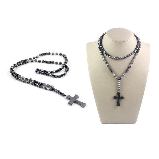 Collier Sorprese pour homme - collier de perles - noir-argent - avec croix - 70 cm - perles de 6 mm - cadeau - Modèle Z