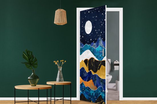 Muurmuur Gouden druppels - abstractie met gouden regeneffect op een blauwe achtergrond- Abstract