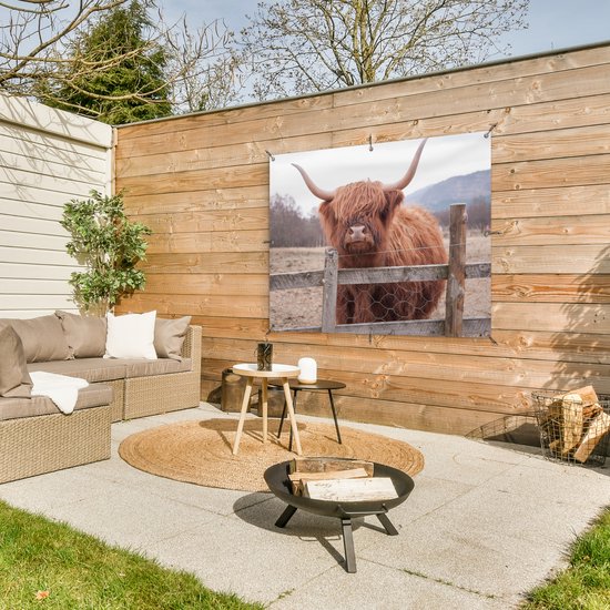 Affiche de jardin - Toile de jardin - Posters de jardin extérieur - Highlander écossais - Herbe - Clôture - 120x90 cm - Jardin