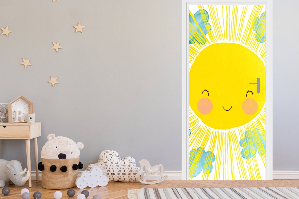 Deurposter 90x205 cm - Deursticker Zon - Geel - Kinderen - Illustratie - Meubelfolie zelfk