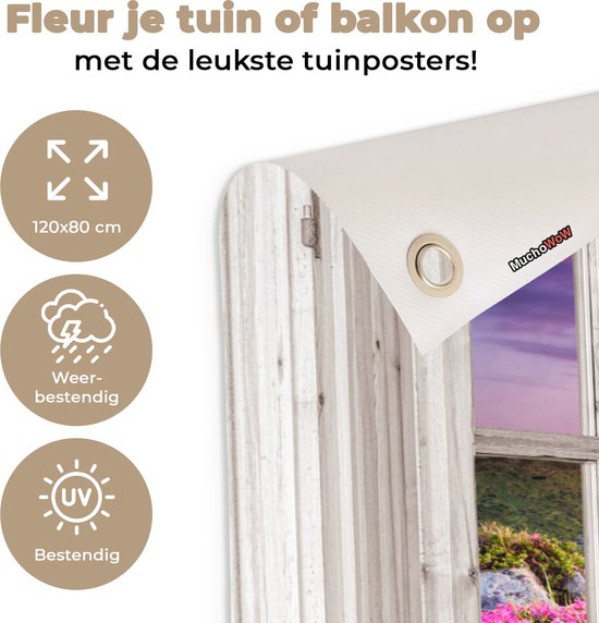 Affiche de jardin - Transparente - Fleurs - Montagnes - Coucher de soleil - Paysage - 120x80 cm - Décoration de clôture - Affiche de jardin transparente