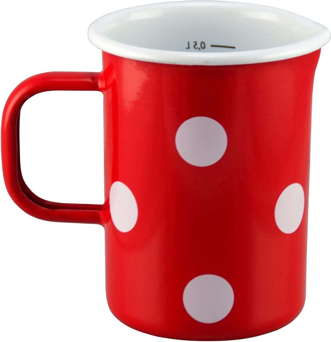 Maatbeker rood met witte stippen Ø8xH12cm 500ml met binnenschaal