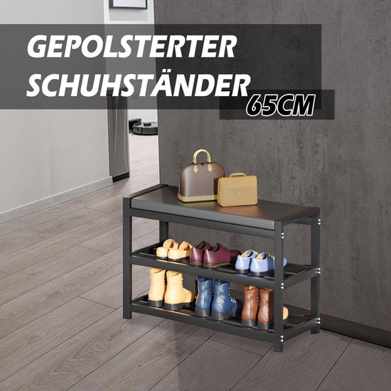 Rack à chaussures avec siège rembourré avec Bench à 3 niveaux - Meuble à chaussures 65 x 25 x 41,5 cm - Acier au carbone Charge 150 kg pour entrée couloir salle de Living salon