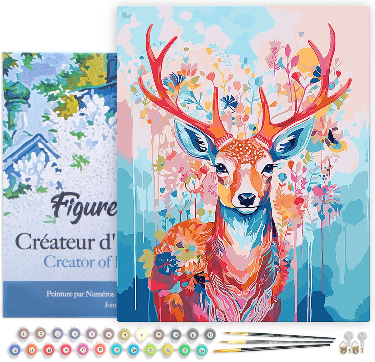 Figured'Art Schilderen op Nummer Volwassenen met lijst Kleurrijke Hert in Bloei - Handwerk acrylverf Kit DIY Compleet - 40x50cm Canvas al ingelijst