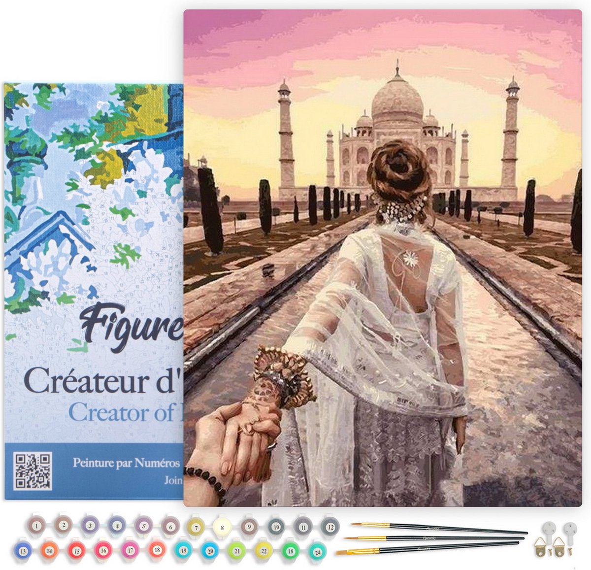 Figured'Art Schilderen op Nummer Volwassenen met lijst - Romantische wandeling Taj Mahal - Handwerk acrylverf Kit DIY Compleet - 40x50cm Canvas al ingelijst