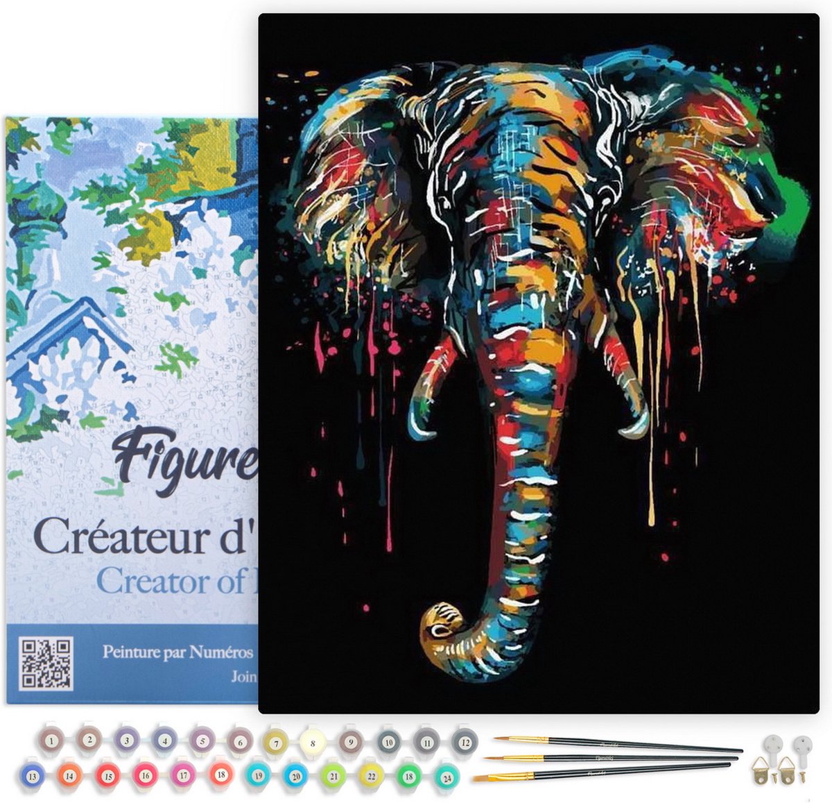Figured'Art Schilderen op Nummer Volwassenen met lijst - Olifant schilderij - Handwerk acrylverf Kit DIY Compleet - 40x50cm Canvas al ingelijst