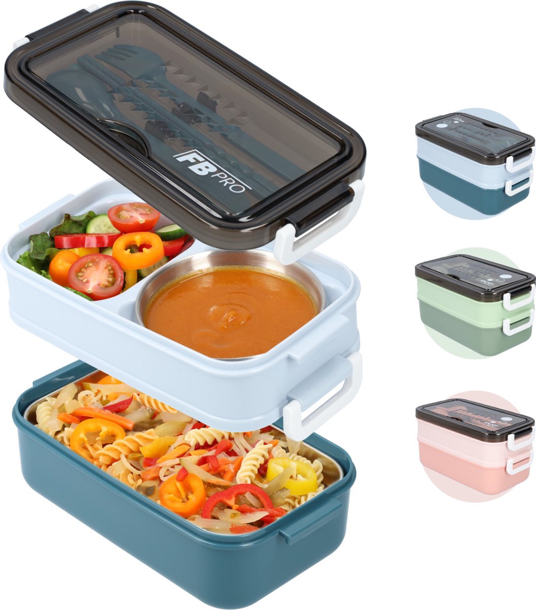 Lunchbox met soepkom Blauw - Luxe bentobox - Lunchbox volwassenen - Lunchbox voor kinderen - Lunchboxen - Lunchbox Kinderen - Lunchbox met vakjes en bestek - Ook te gebruiken als broodtrommel - luchtdicht en lekvrij - BPA vrij!
