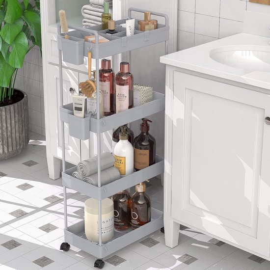 LIANTRAL Slanke opbergwagen met 4 niveaus, rolwagen, mobiele trolley met houten dienblad voor badkamer, wasruimte, 42 x 18,5 x 80,5 cm