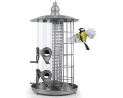 Vogelvoederstation Deluxe 3-in-1 voedingskolom 19-cm-19-cm-36-cm Metaal Zilver Vogelvoeder Dompelaar Pinda's Kleine Wilde Vogels