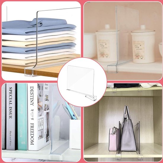 Shelf Devider Zonder Boren Transparante Plankverdeler Van Acryl, 30 X 20 Cm, Kledingorganizer, Verstelbare Kledingorganizer, , Plankverdeler Voor Het Opbergen Van Handtassen, Kleding, Boeken, 4 Stuks 6 Stuks Transparant 4 Stuks Set