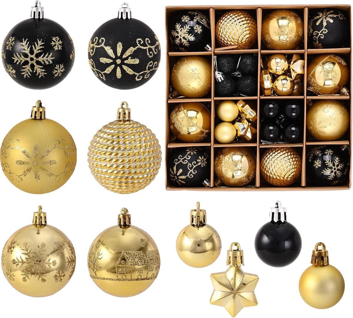 44 stuks zwarte kunststof kerstbal decoratie - tafeldecoratie mini-kerstballen Kerstmis feestdecoratie Zwarte kunststof kerstbal decoratie set van 44 stuks voor tafeldecoratie met mini-kerstballen voor Kerstmis feestdecoratie.