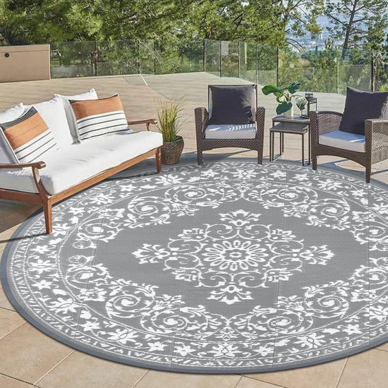 Homcomodar Outdoor tapijt 150 cm rond plastic stro tapijt omkeerbare matten UV-bestendige camping mat gerecycled terras tapijt voor balkon strand BBQ picknick dek