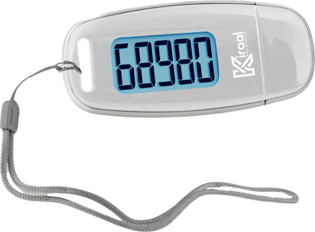 Kiraal Eenvoudige Stappenteller - 3D Technologie - Clip & Draagkoord - USB Opladen - Groot Scherm - Pedometer - Wit