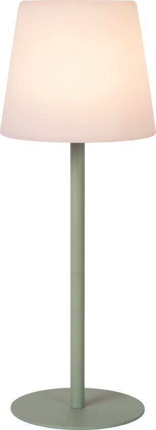 Lampe de table verte avec pied rond, tige droite et abat-jour blanc.