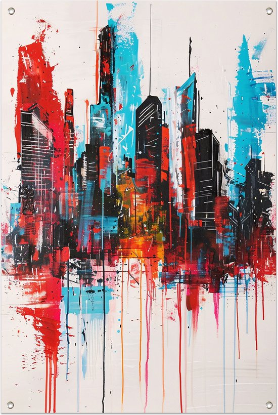 Abstract stadsgezicht met rode, blauwe en zwarte silhouetten
