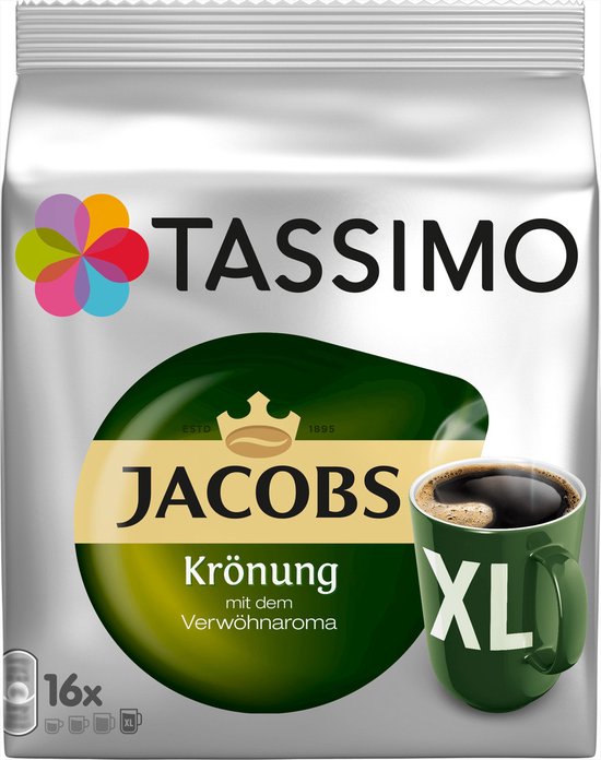 Tassimo pak met 16 Jacobs Krönung XL capsules en een mok koffie.