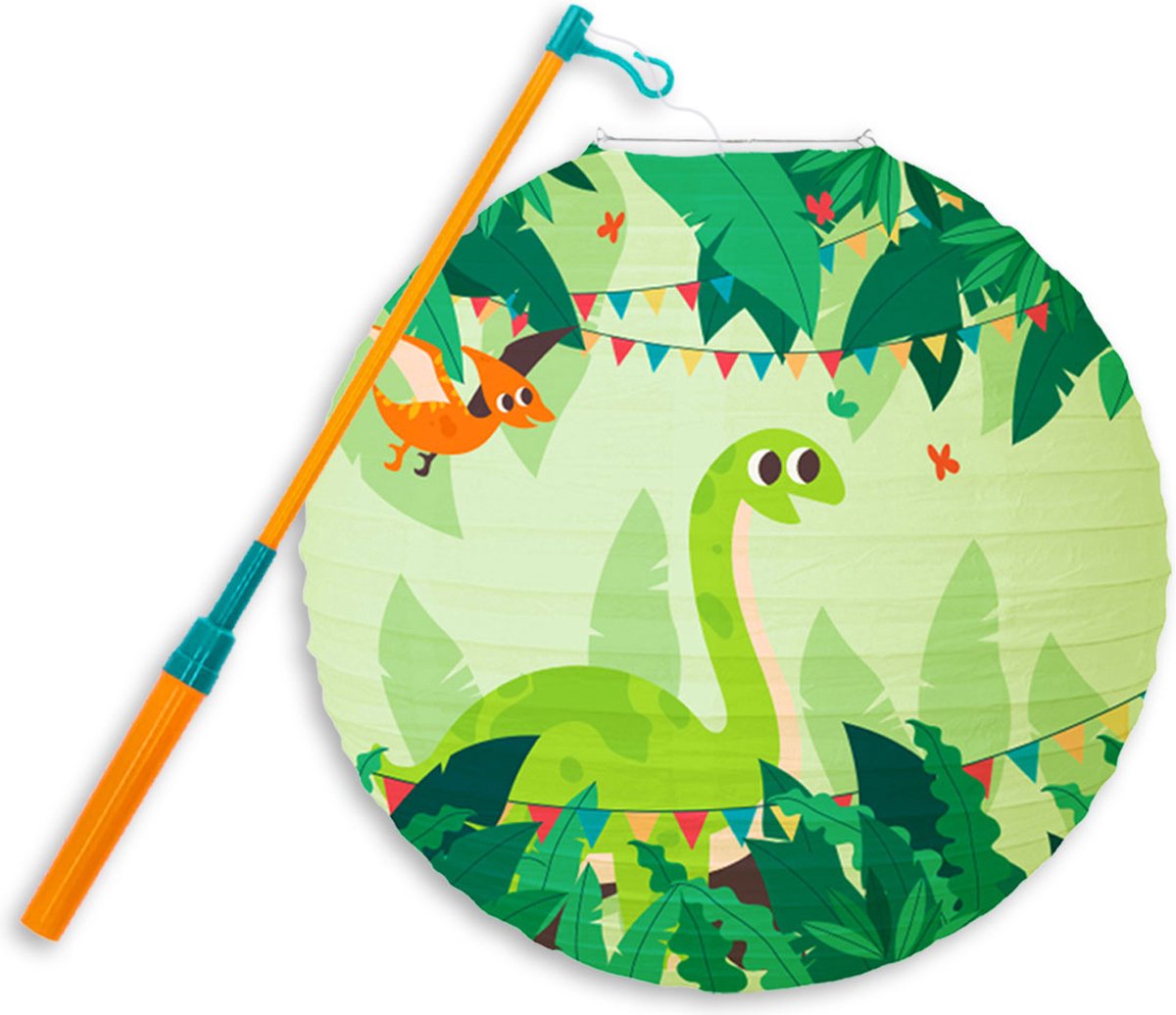LUQ - Dino - Lampion - Sint Maarten - Lampionstokje - Met Lichtje - TrekLampion - Papier - Kind - Groen - Versiering - 1 Stuk