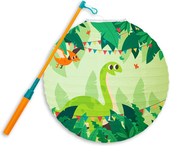 Groene lampion met een dinosaurus, omringd door bladeren en slingers, met oranje handvat.