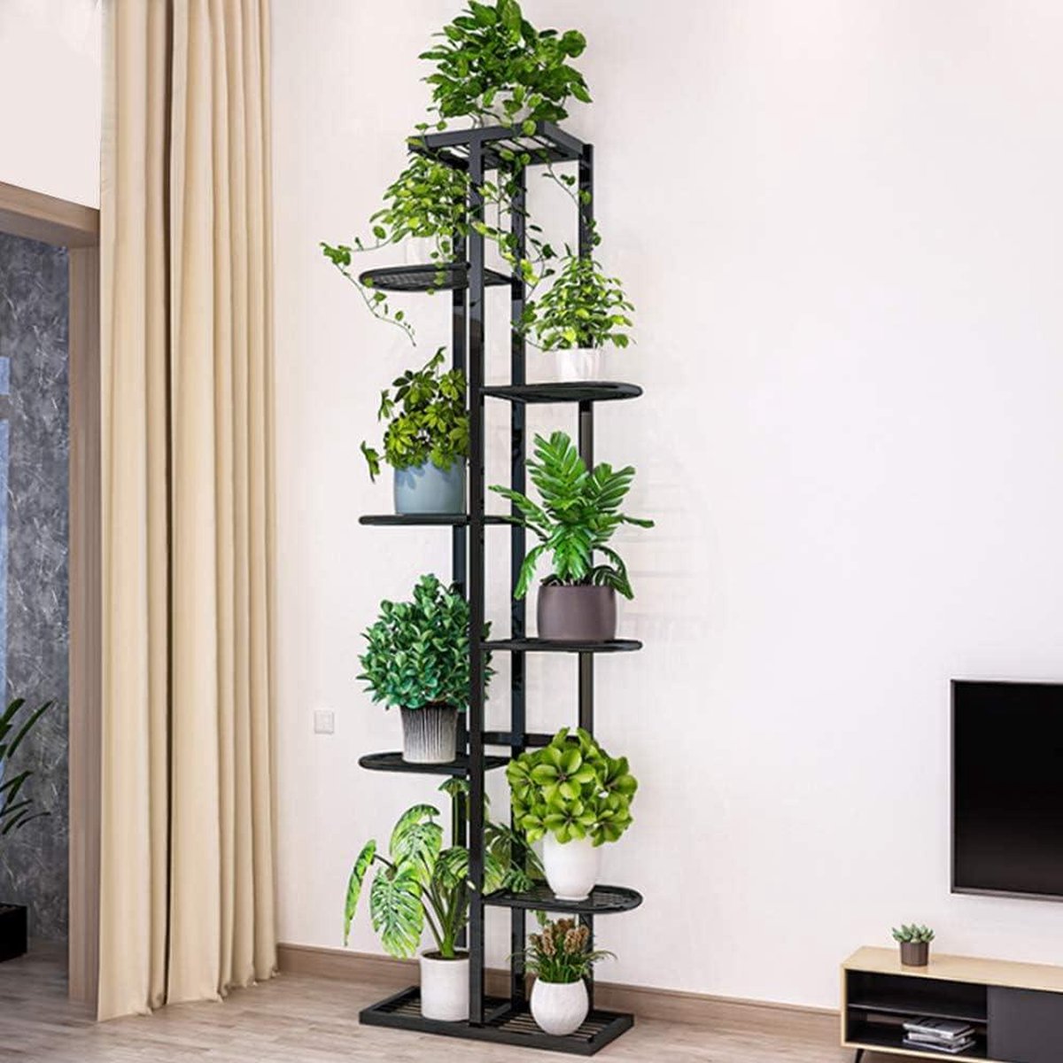 Plantenladder Metaal Bloemenstandaard Moderne Bloementrap 141 cm Binnen en Buiten Gebruik Donkergrijs Plantenladder