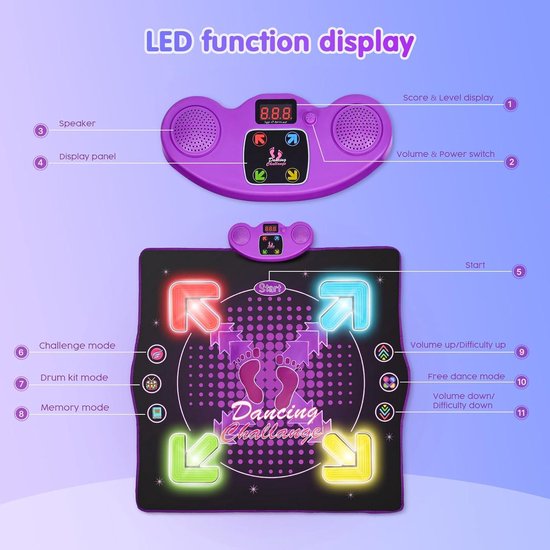 Tapis De Danse Enfant YeahBoom - 8 Flèches LED, Bluetooth - 6 Modes De Jeu - Batterie Incluse - 3-12 Ans