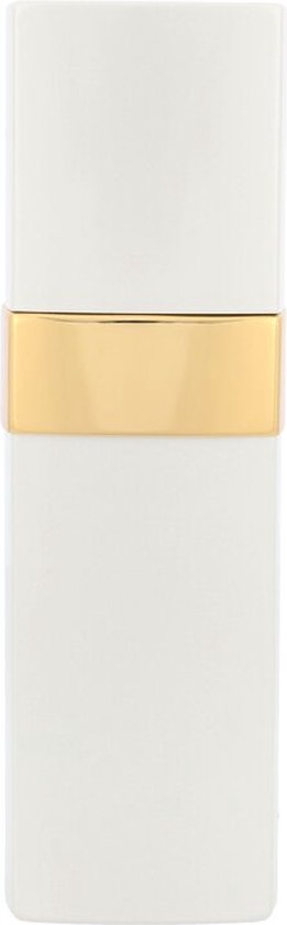Witte parfumfles met gouden band.