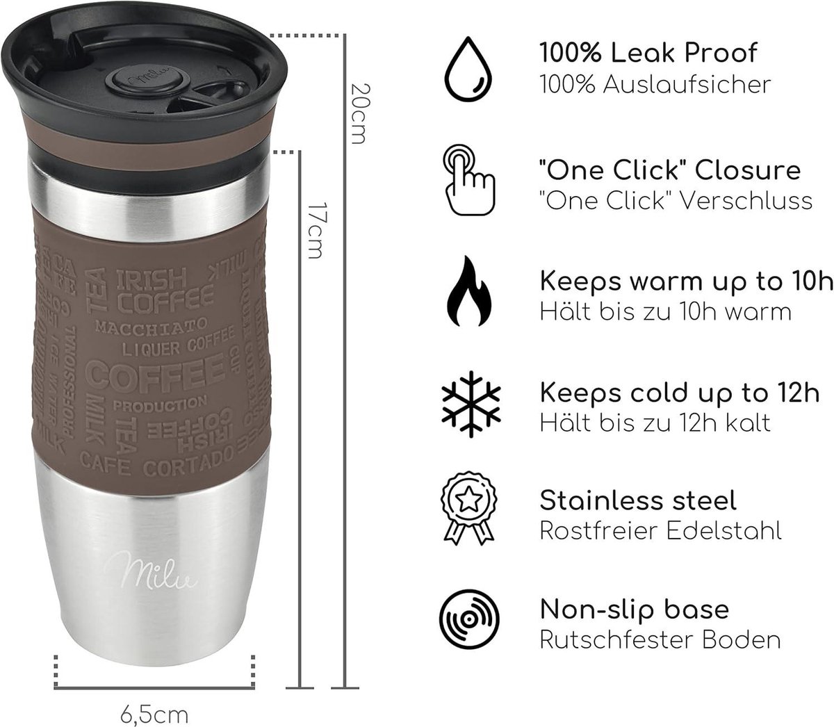 Geïsoleerde Thermosbeker 370ml 450ml - Lekvrije Roestvrijstalen Koffiemok - Automok dubbele wand isolatie - Thermo mok voor onderweg - Reismok - bruin 370 ml — cadeau in Koken & Dineren - foto 6