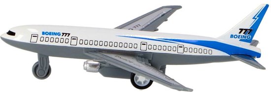 Wit vliegtuigmodel met blauwe accenten, 'Boeing 777' opschrift, grijze vleugels en landingsgestel.