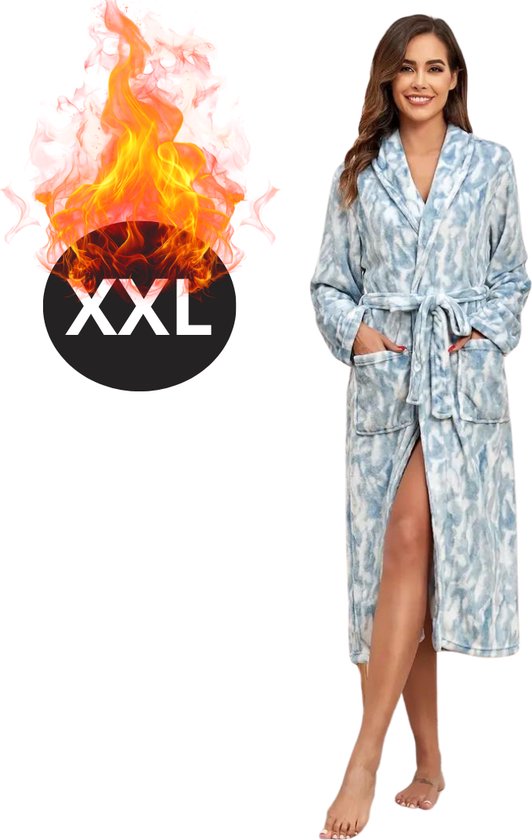 Livano Badjas Dames - Fleece - Katoen - Badstof - Sauna - Hamam - Wafel - Bathrobe - Duster - Ochtendjas - Spa - Kimono - Lichtblauw XXL