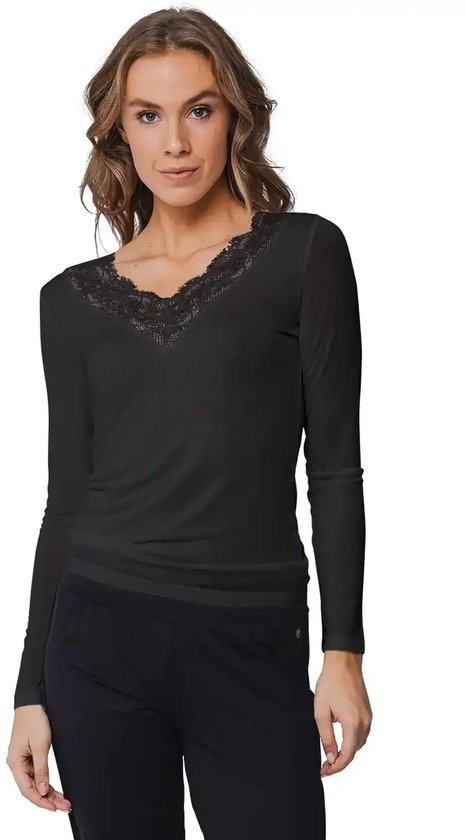 Pastunette wollen/modal kanten dames shirt lange mouw - Kanten dames ondershirt met diepe hals - S - Zwart
