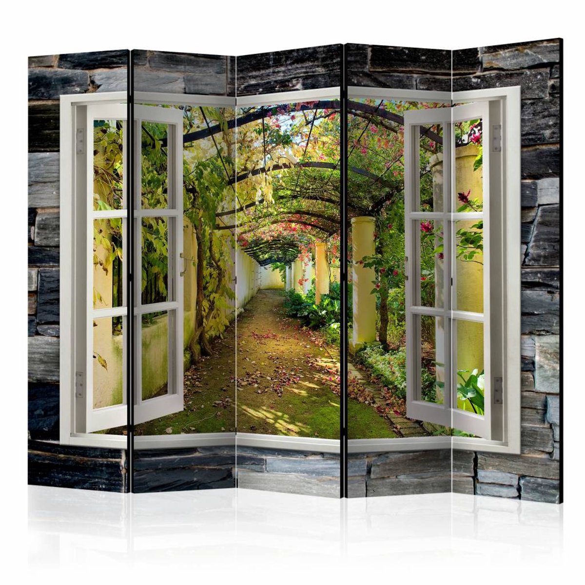 Vouwscherm / Kamerscherm - Uitzicht op geheime tuin 225x172cm , gemonteerd geleverd dubbelzijdig geprint