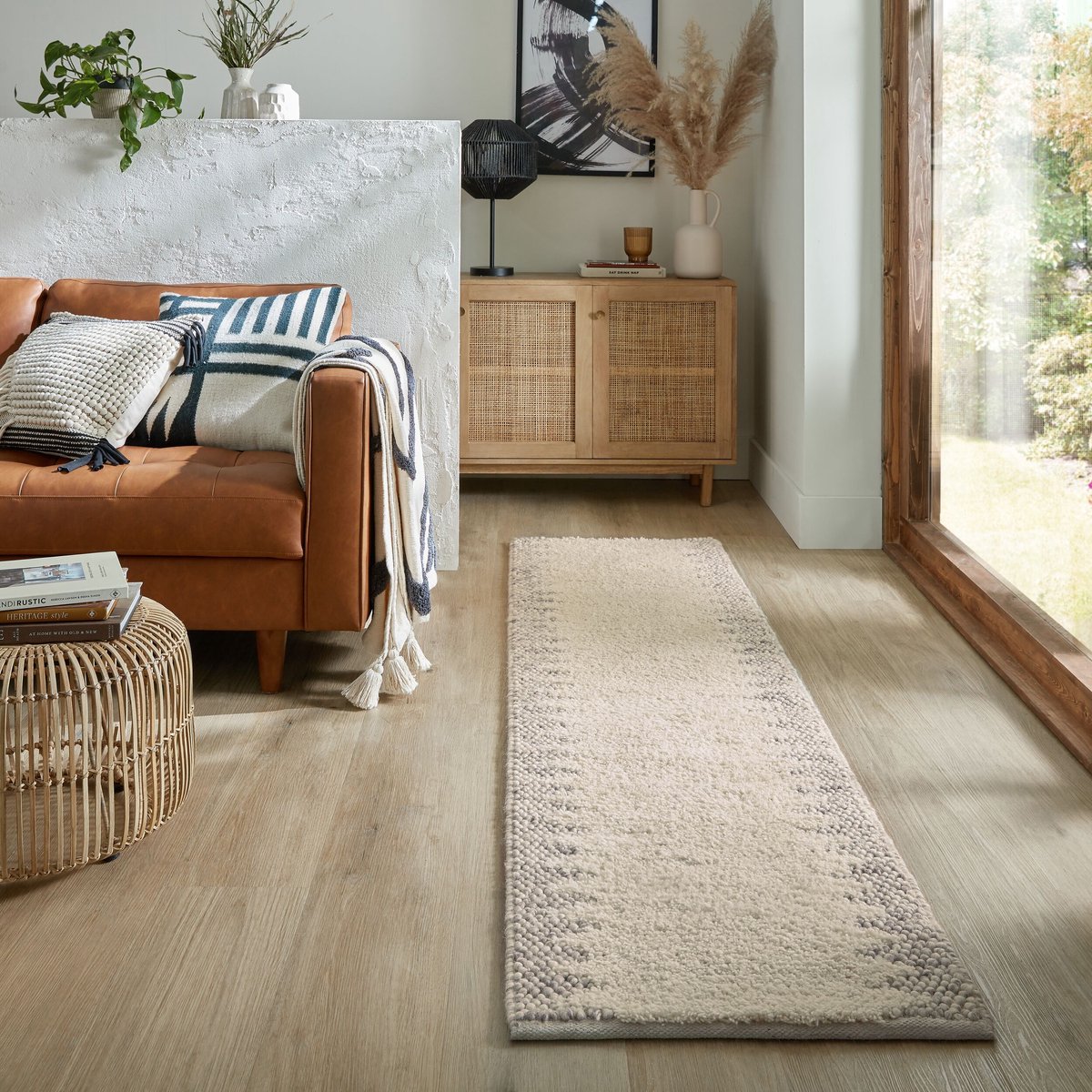 flycarpets Loper - Minerals Uni vloerkleed - Laagpolig - Wol - Bolletjes Kader Modern - Naturel / Creme 60 x 230 cm